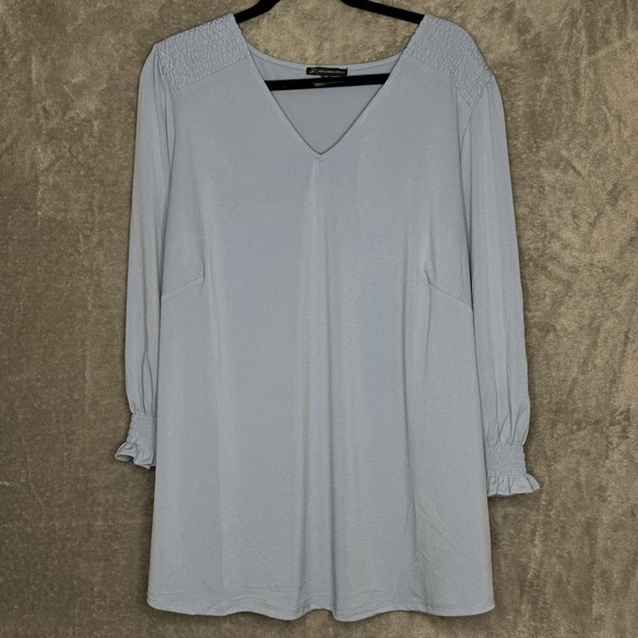 Adrianna Papell 3X Shirt Top Blue Solid Smocked 3/4 Sleeve V Neck Stretch Tunic - Picture 1 of 8